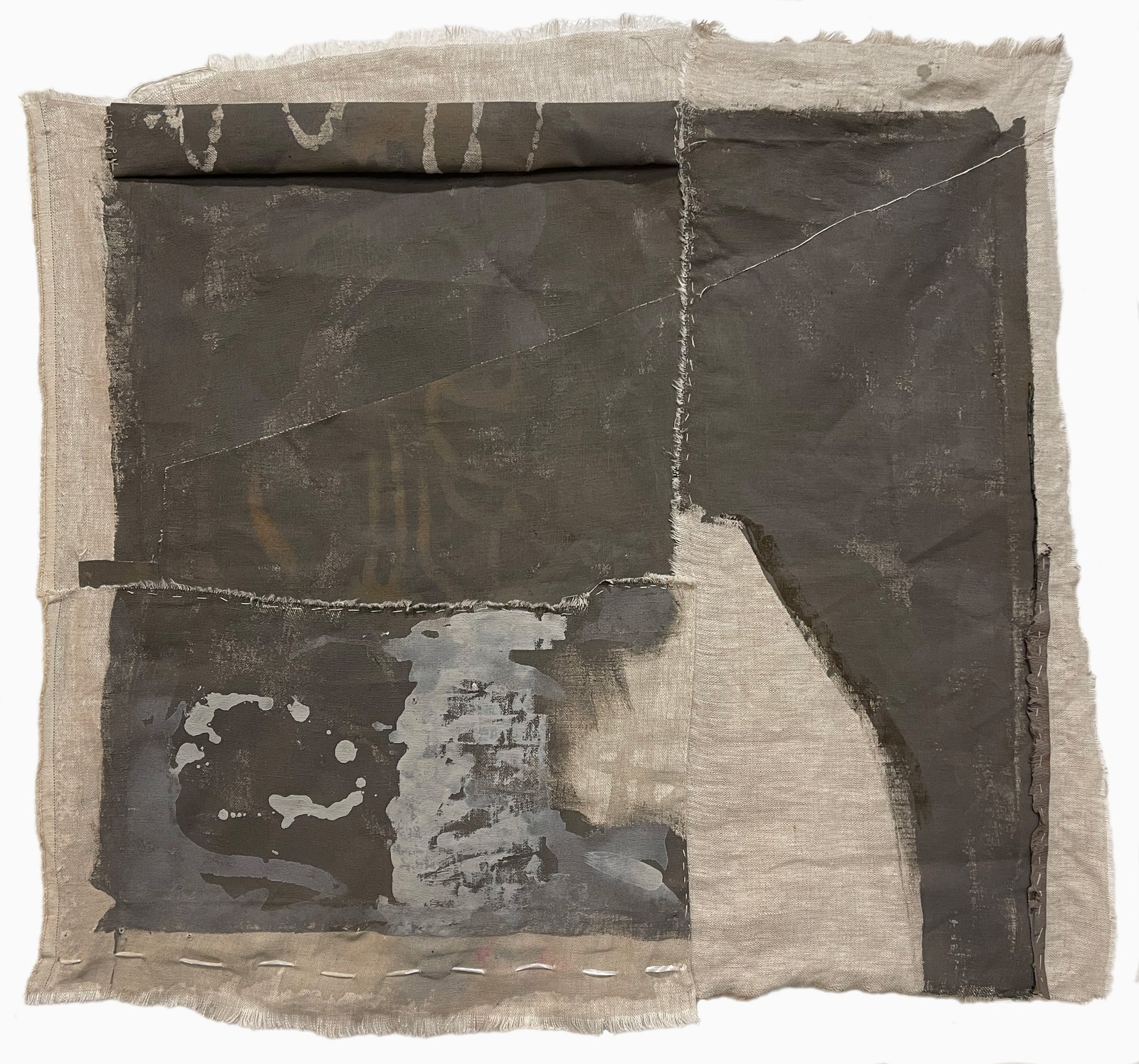 Apparition, 2025 25.5” x 24” acrylic painting on fabric, collaged and stitched.