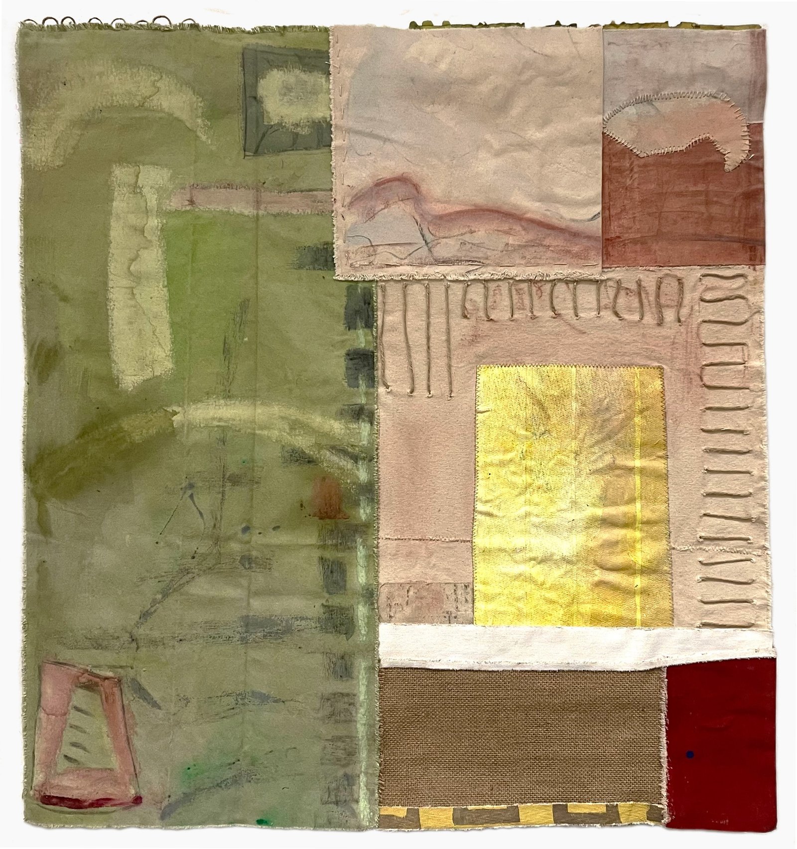 Summer Hike, 2025 35” x 33'‘ acrylic on canvas, watercolor on paper and burlap collaged and hand-sewn with hemp string.