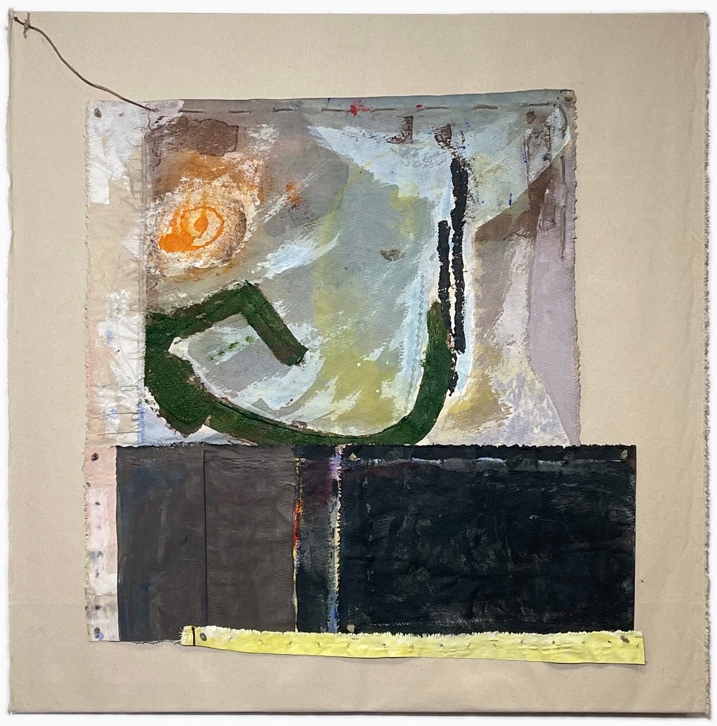 Hooked, 2025 36” x 36” acrylic and stitching on canvas.