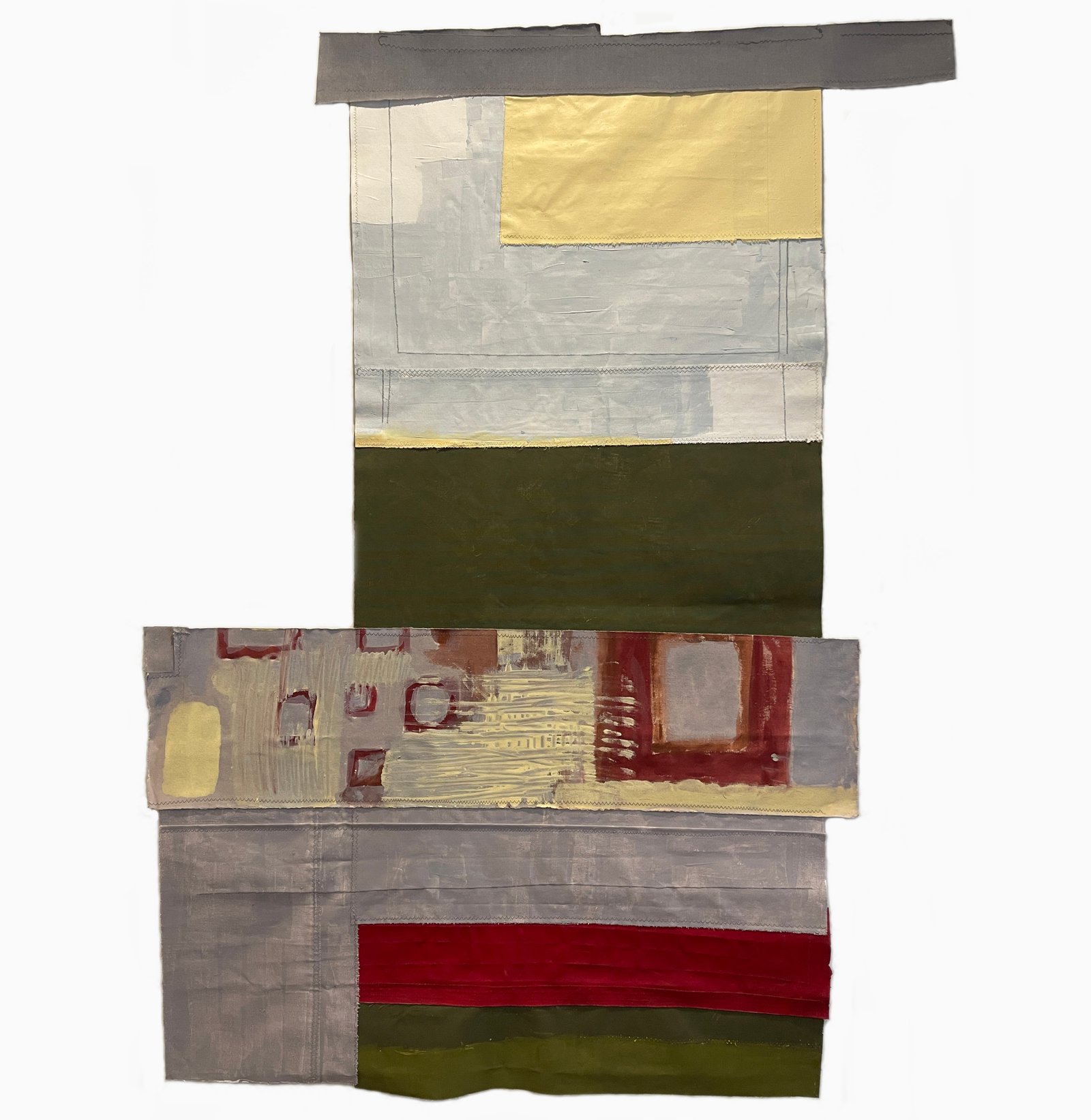 She Rises, 2026 41” x 53” assemblage of acrylic-painted canvas pieces, machine-stitched.