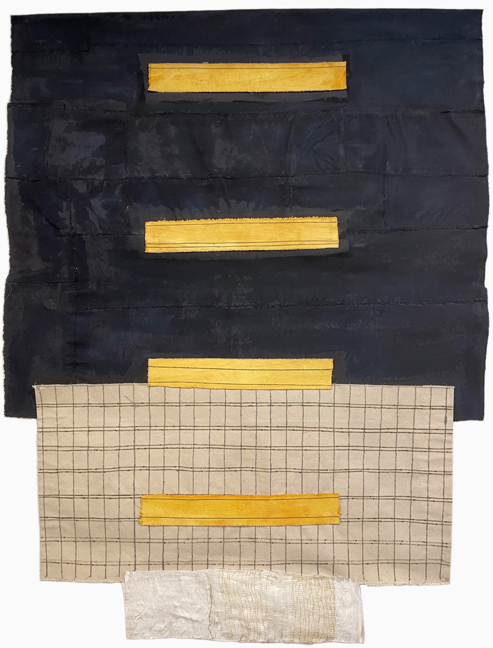 Pearl, 2026 47” x 35.5” Acrylic on canvas with machine and hand stitching on painted canvas and fabric, assembled from layered pieces that are both glued and stitched together.