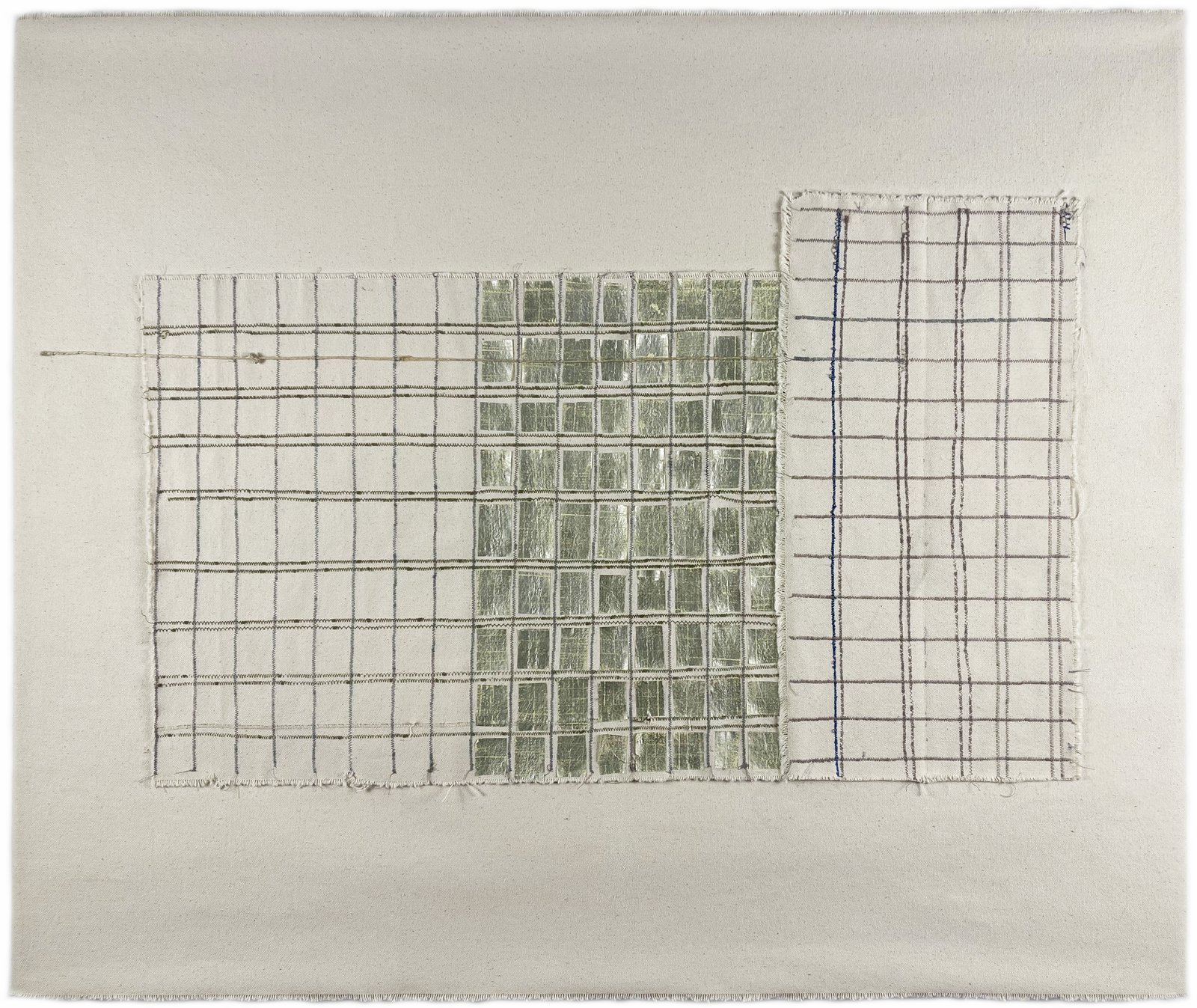 Across Time, 2026 28” x 34” Mixed media on canvas featuring machine and hand stitching, with joss paper cutouts adhered to the surface.