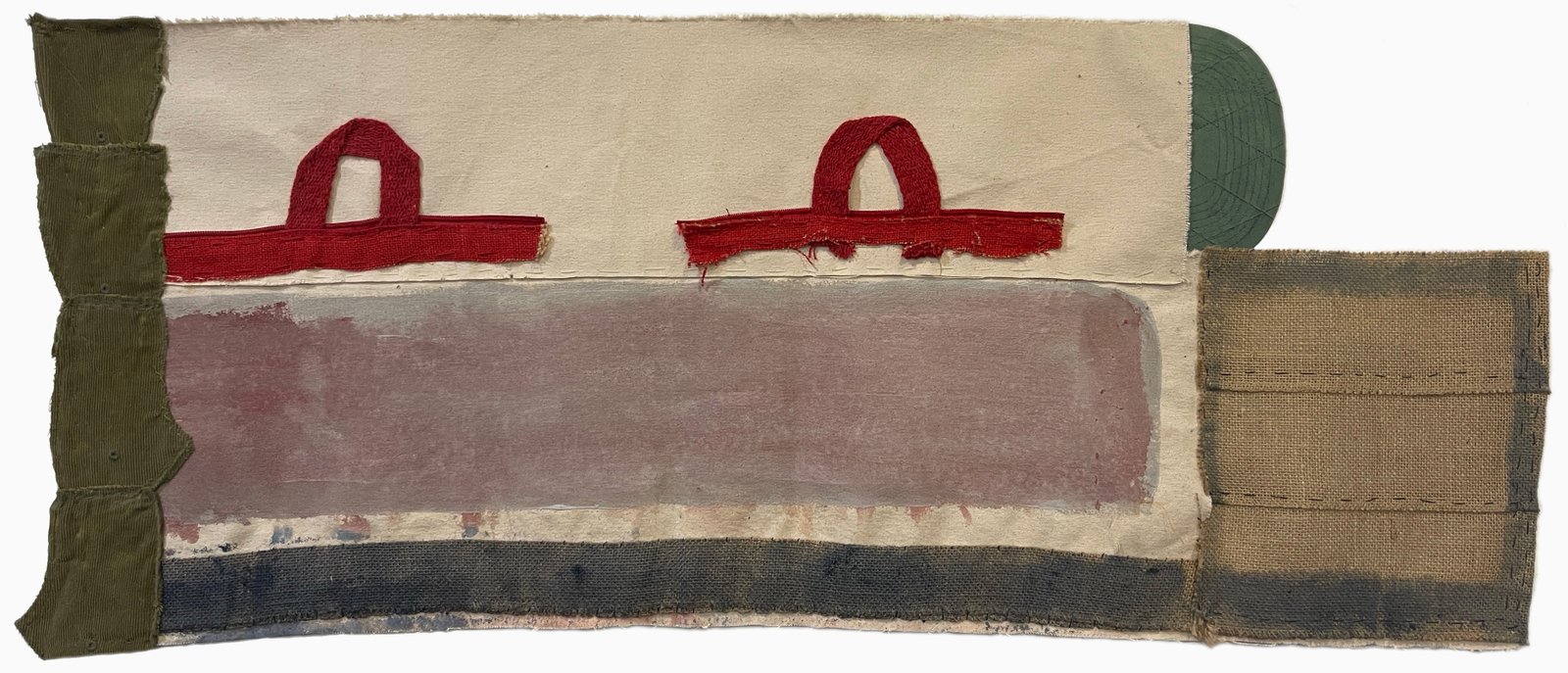 Carry On, 2025 17.5” x 41” acrylic on canvas with fabric and stitching.