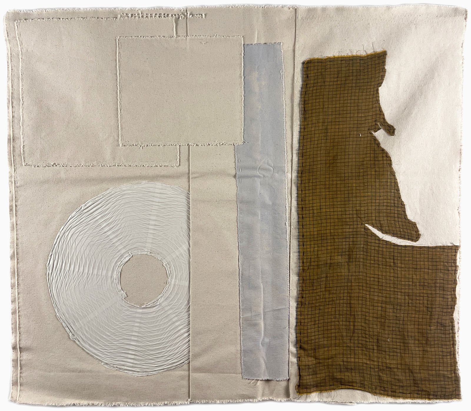 Integrity, 2025 33" x 38" canvas, acrylic paint, fabric and found object, stitched.