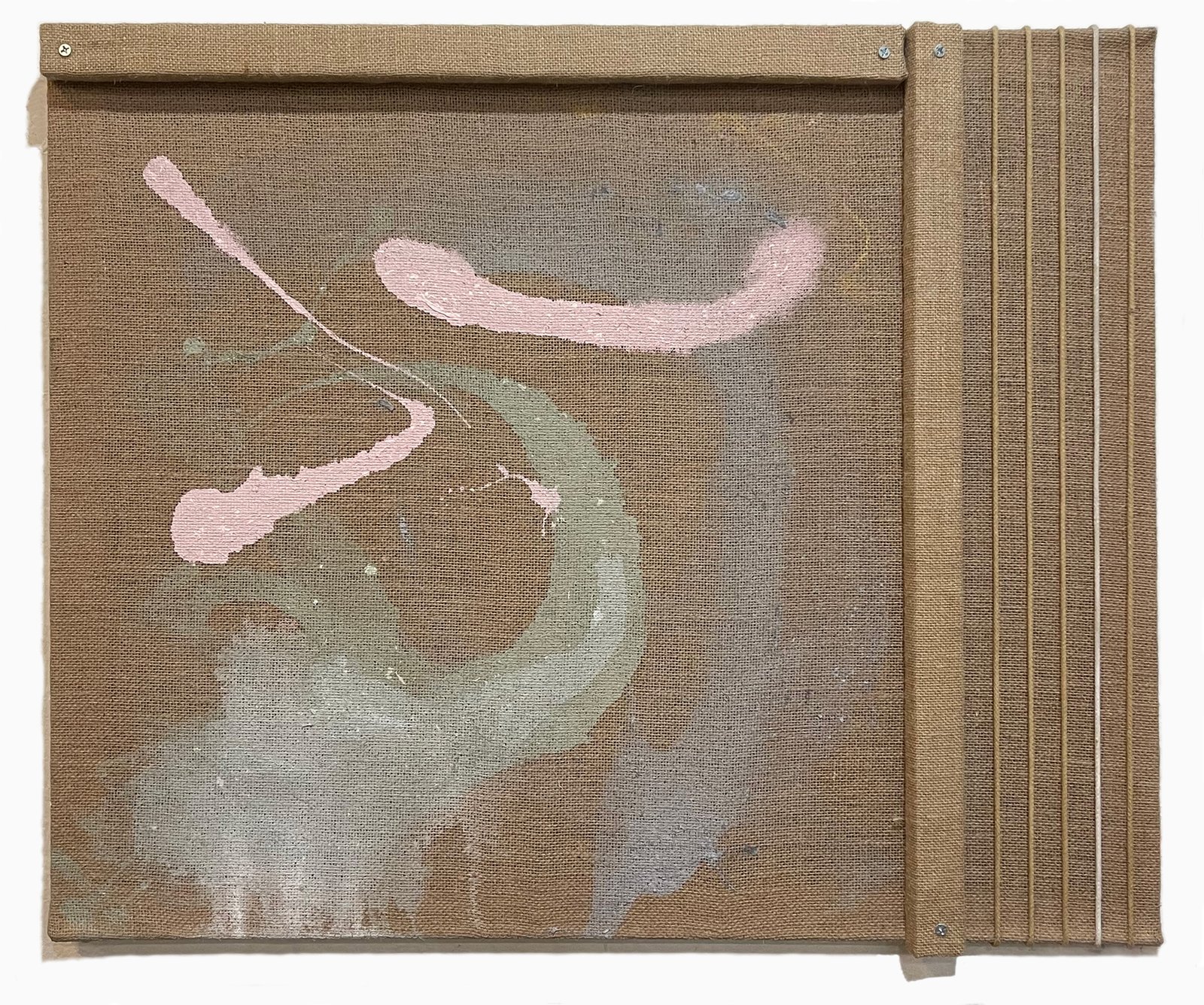 Pink, 2025 28” x 34” burlap assemblage with acrylic paint and cordage. (click image for side view)