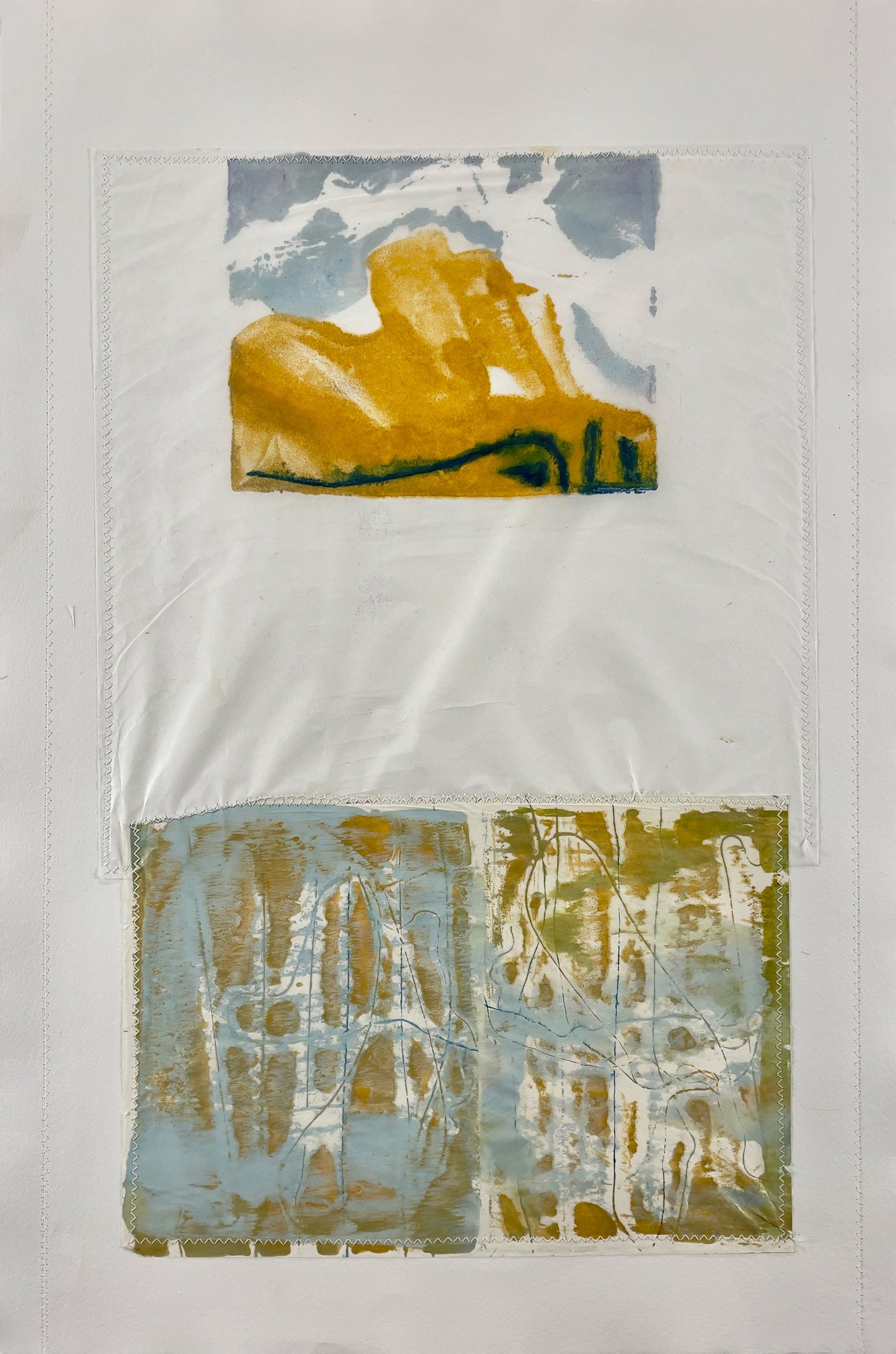 Renewal, 2026 31” x 27.5” encaustic monotype machine stitched to paper.