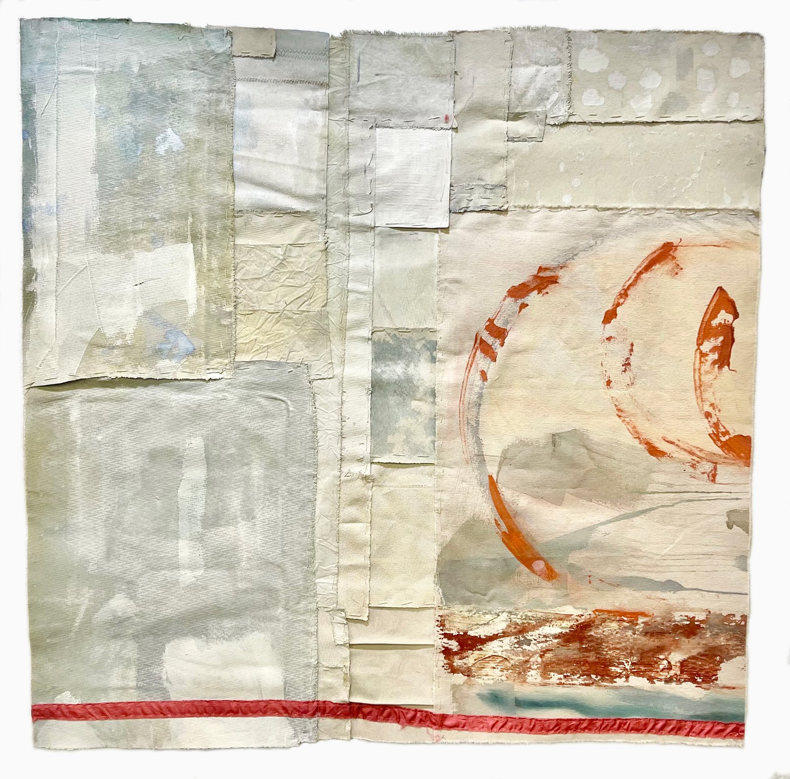 That Way, 2025 40” x 39” acrylic on canvas with fabric and stitching.