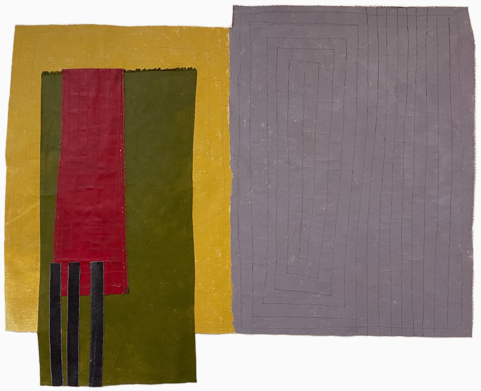 She Insists, 2026 39" x 47” assemblage of acrylic-painted canvas pieces, machine-stitched.Artwork Description