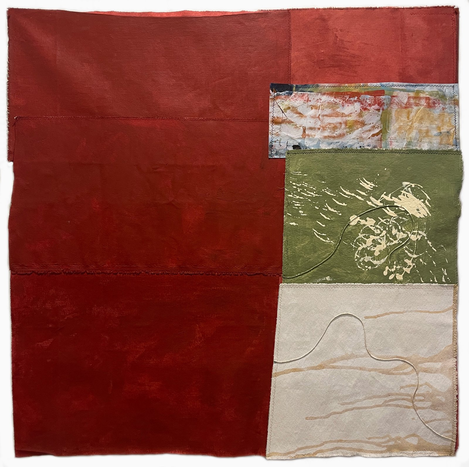 She Does, 2026 36” x 36” assemblage of acrylic painted canvas pieces, and encaustic monotype on paper, machine-stitched.