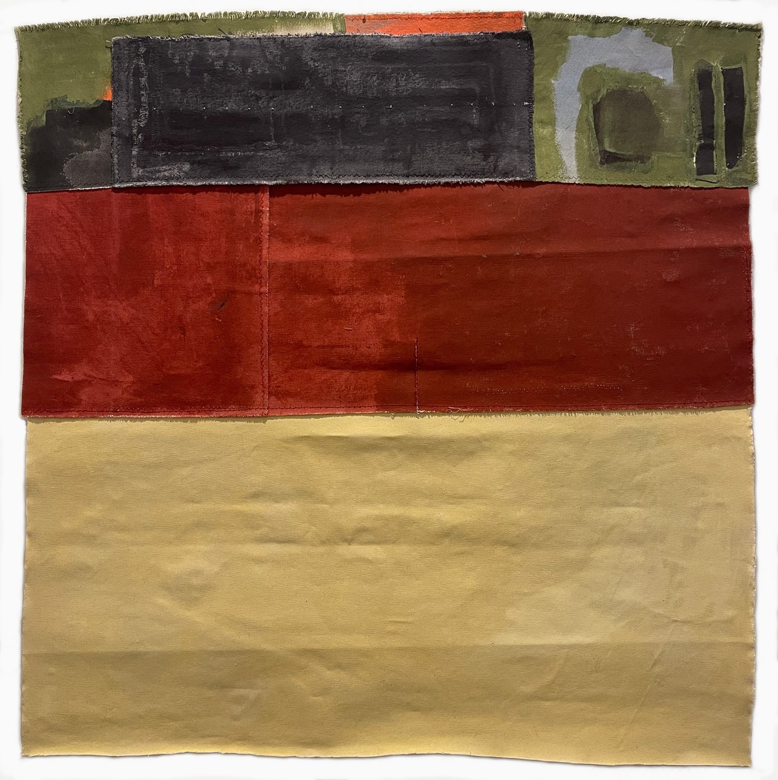 She Is, 2026 32.5” x 32.5” assemblage of acrylic-painted canvas pieces, machine-stitched.