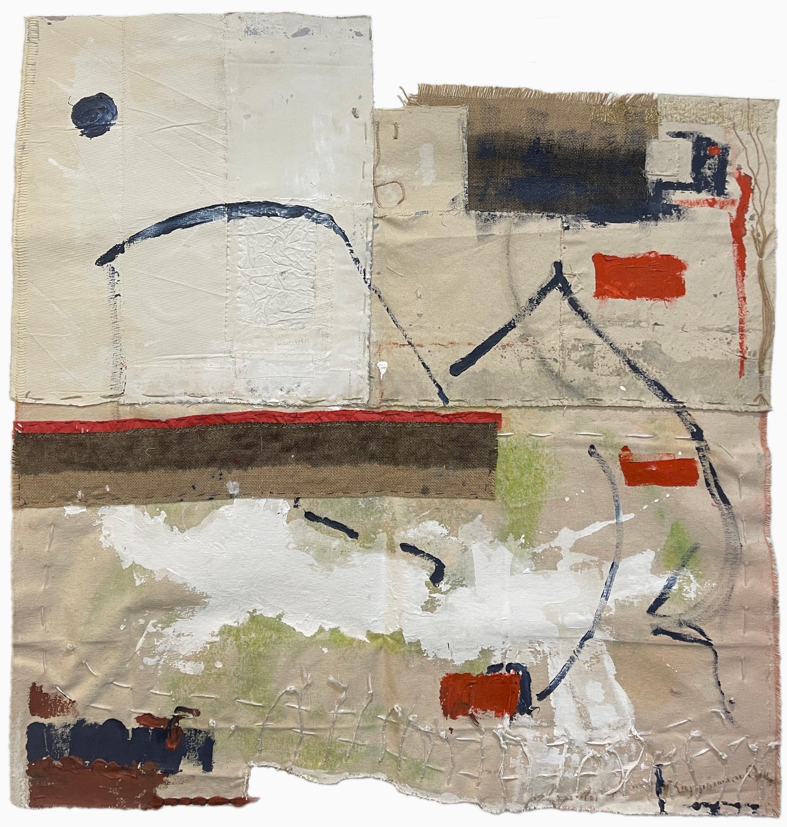 Steppin’ Out, 2025 40” x 40” acrylic painting on canvas with burlap and twine, stitched.
