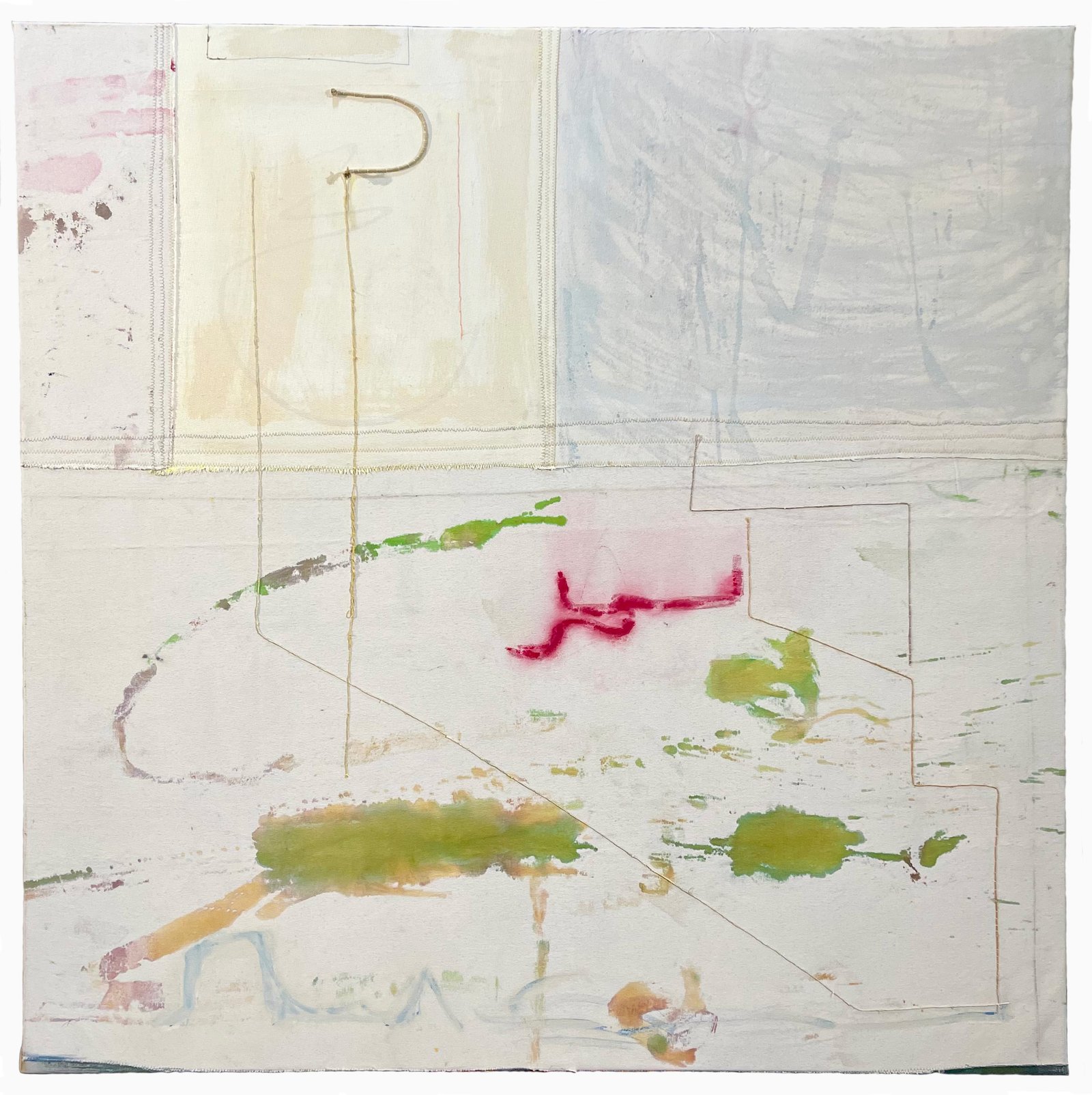 The Thread of our Common Humanity, 2025, 50” x 50” acrylic and watercolor on canvas with cord and stitching.