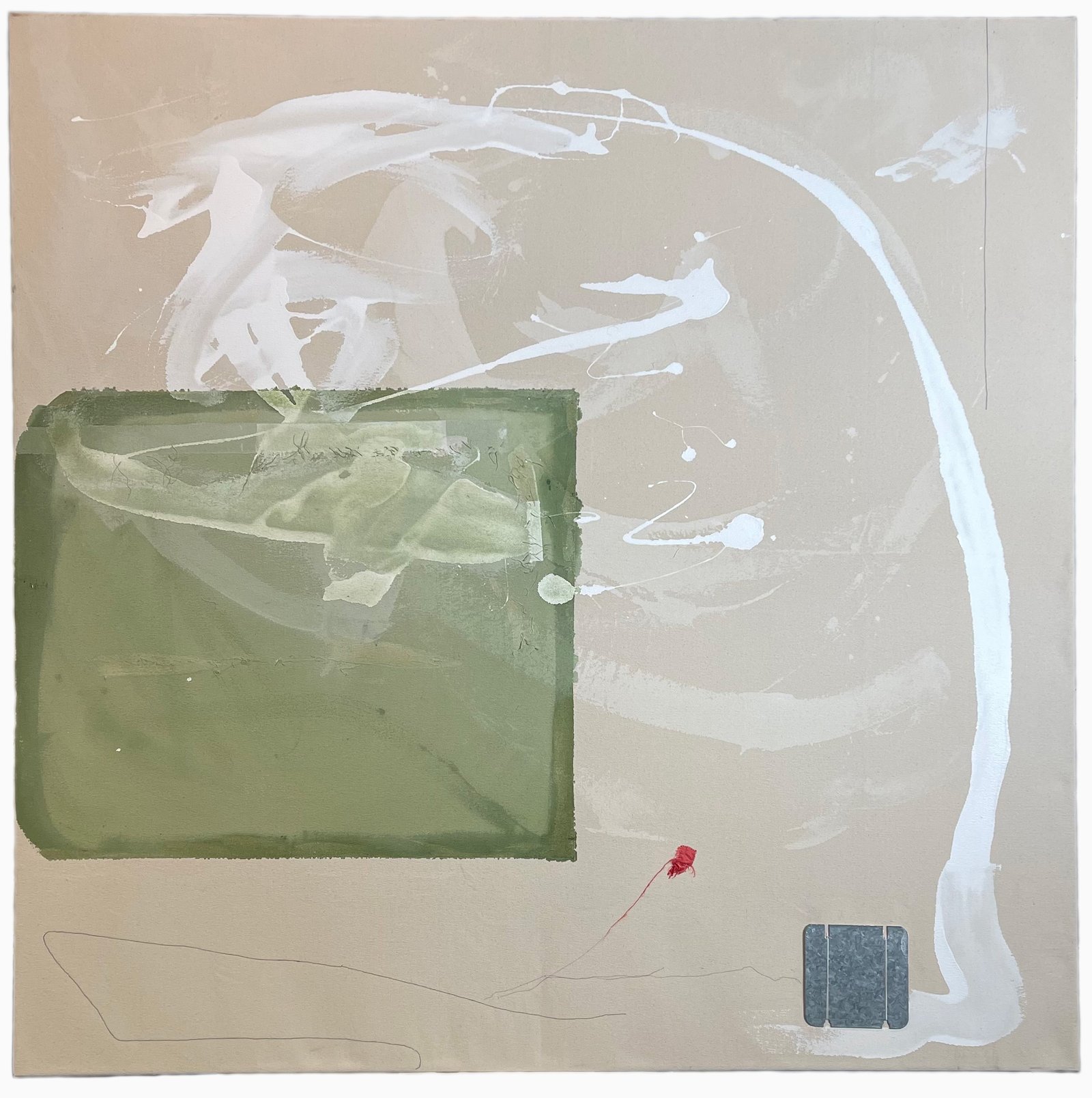 Whad Ya Expect?, 2025 50” x 50” acrylic on canvas with stitching and metal plate.